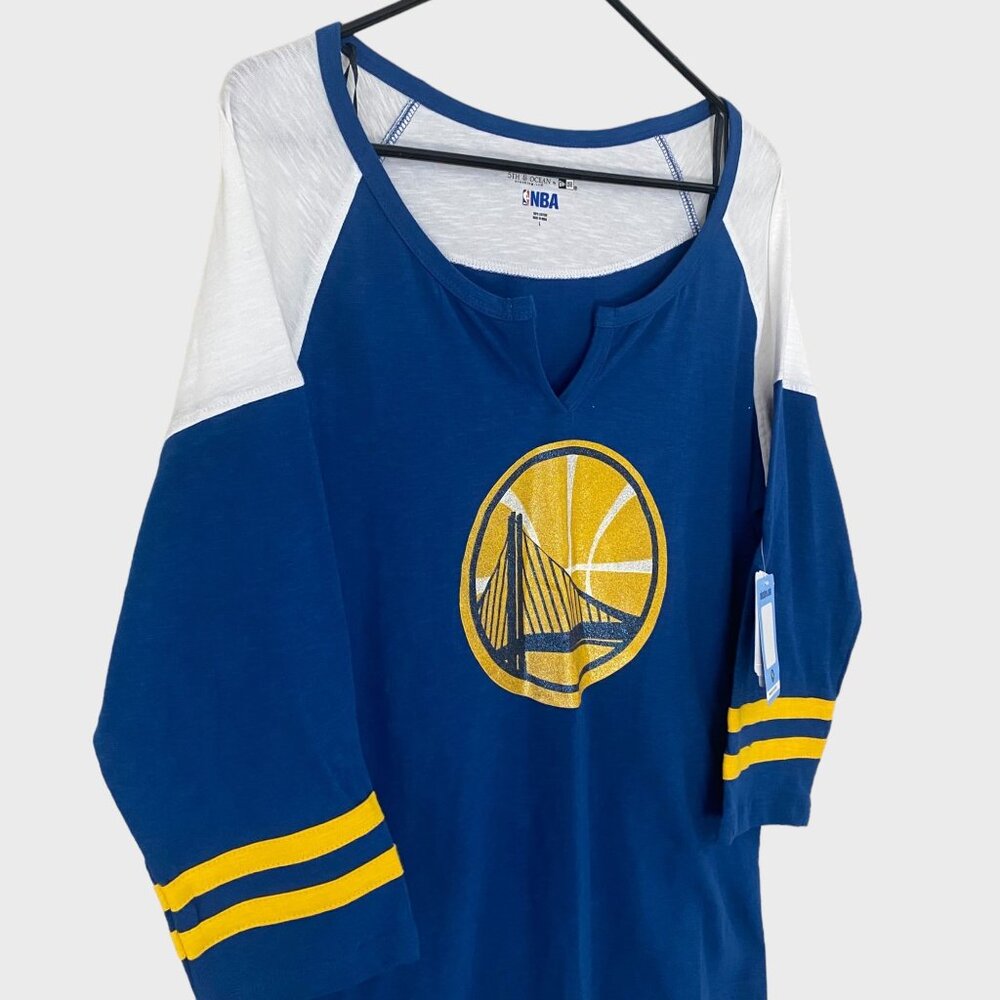 NBA Golden State Warriors Slub Slit Neck Shirt Blue Womens Large 3/4 Sleeves New - Picture 4 of 13